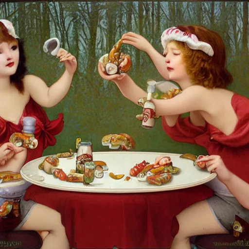 Prompt: hot dogs and yogurt is a messy eating contest, wlop, elvgren, mucha, mark ryden