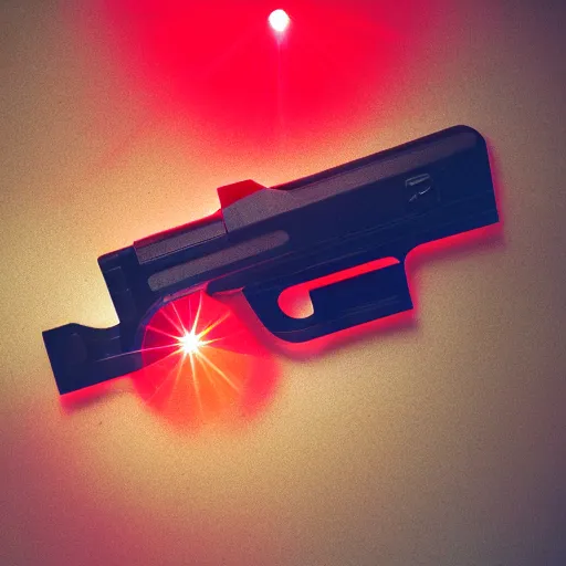 Prompt: vintage analog product photography of a laser gun, 70s design, , bright red, studio lighting, film grain, lensflare, color bleed, glare