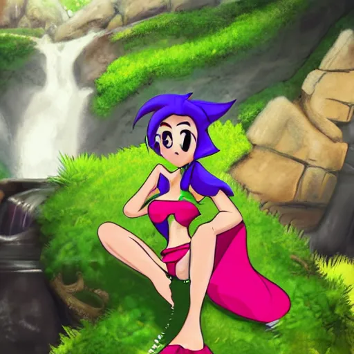 Prompt: shantae sitting on grass surrounded by large vertical rock structures and waterfalls in the style of makoto yabe