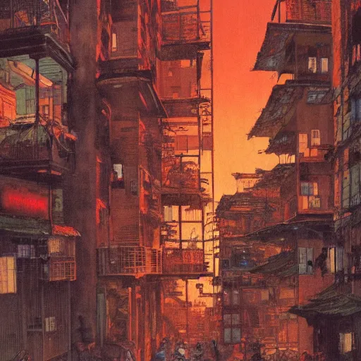 Image similar to Hopper and Moebius painting of Kowloon Walled City at dusk, looking down canyon-like alley with 5 floors of ramshackle apartments and business on all sides, to the bottom right some light is coming from a ground-floor cafe, where people are drinking tea and talking