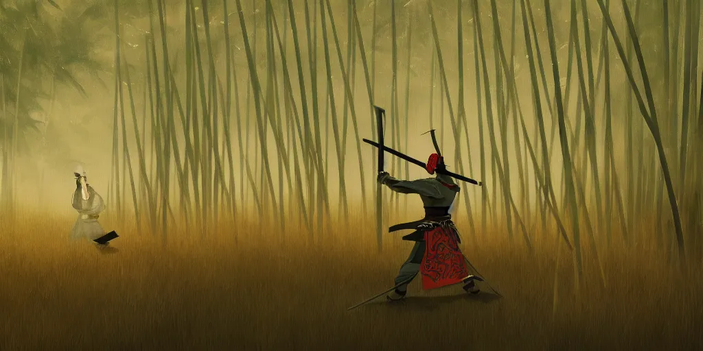 Prompt: a beautiful painting of a samurai cutting through a field of bamboo with his katana, trending on artstation. Capcom, SNK, gorgeous and dramatic lighting.