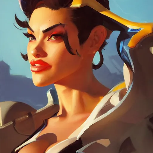 Image similar to greg manchess portrait painting of overwatch's characters pinup art, medium shot, asymmetrical, profile picture, organic painting, sunny day, matte painting, bold shapes, hard edges, street art, trending on artstation, by huang guangjian and gil elvgren and sachin teng