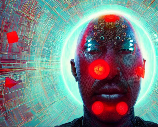 Prompt: portrait of wizard with halo of red cubes intricate abstract. intricate artwork, by tooth wu, wlop, beeple, dan mumford. concept art, octane render, trending on artstation, greg rutkowski very coherent symmetrical artwork. cinematic, key art, hyper realism, high detail, octane render, 8 k, iridescent accents