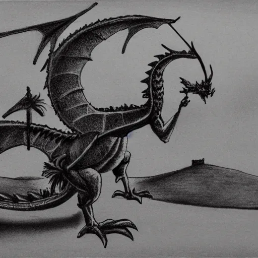 Prompt: welsh dragon above a castle on a hill, pencil work