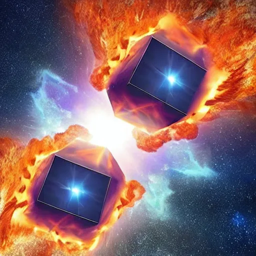 Image similar to Two Cube-Shaped Planets colliding, explosion, space, beautiful, fire