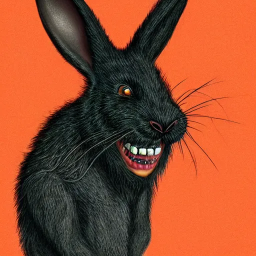 Image similar to A extremely highly detailed majestic hi-res beautiful, highly detailed head and shoulders portrait of a scary terrifying, horrifying, creepy black cartoon rabbit with scary big eyes, earing a shirt laughing, hey buddy ole pal, let's be friends, in the style of Walt Disney