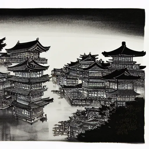 Image similar to a beautiful ink painting of buildings in japanese traditional style, in the style of hiroshi yoshida, at night, light effect, detailed, high - definition, exquisite isolated very detailed, moody lighting, 8 k highly detailed, trending on artstation