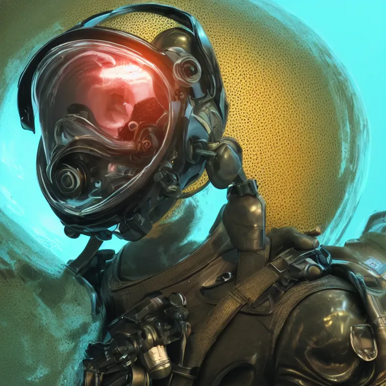 Image similar to octane render portrait by wayne barlow and carlo crivelli and glenn fabry, subject is a shiny reflective tactical black ops futuristic scuba diver with small lights inside helmet, surrounded by bubbles inside an exotic alien coral reef aquarium full of exotic fish, cinema 4 d, ray traced lighting, very short depth of field, bokeh