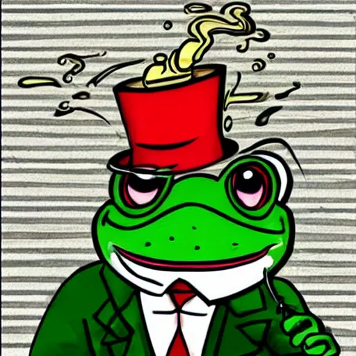 Image similar to a frog 🐸 wearing a suit smoking a cigar