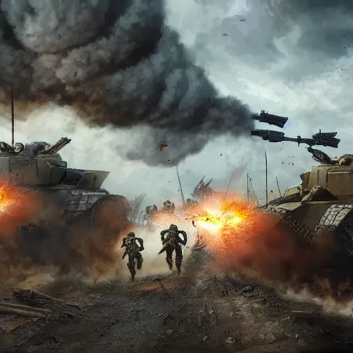 Image similar to hyper realism, realistic apocalyptic war scene, explosions, soldiers running