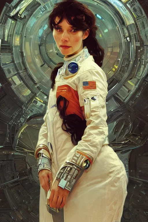 Image similar to A full portrait of a 2001 Space Odyssey Astronaut, intricate, elegant, highly detailed, digital painting, artstation, concept art, smooth, sharp focus, illustration, art by Krenz Cushart and Artem Demura and alphonse mucha