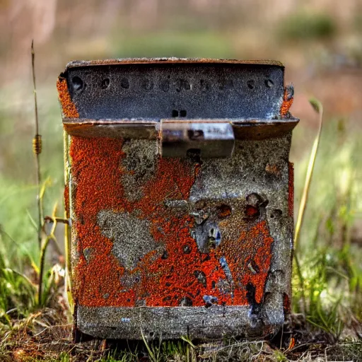 Prompt: an ancient toaster covered in detritus rust and moss after spending a century on abandoned earth