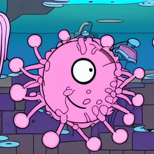 Image similar to pink jellyfish from the cartoon SpongeBob Squarepants hits SpongeBob with a metal sieve