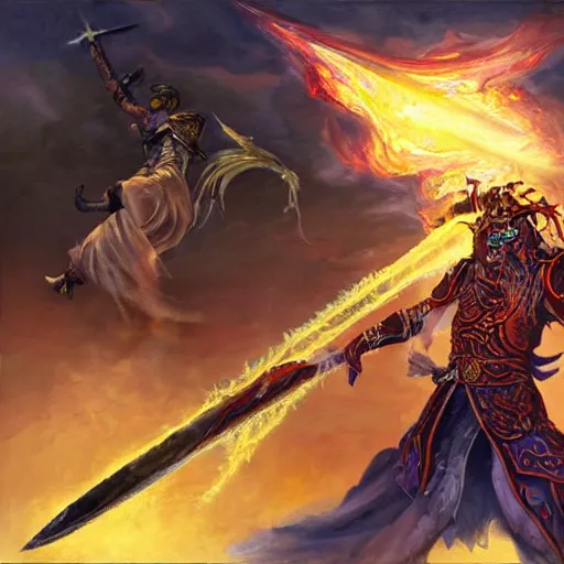 Image similar to A highly detailed oil painting concept art of a sorcerer casting an acid splash spell against a fighter wielding a greatsword, highly detailed concept art.