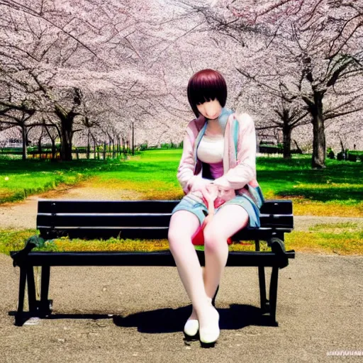 Image similar to anime girl sitting on a bench, highly accurate and proportional, spring time, cherry blossom in the background