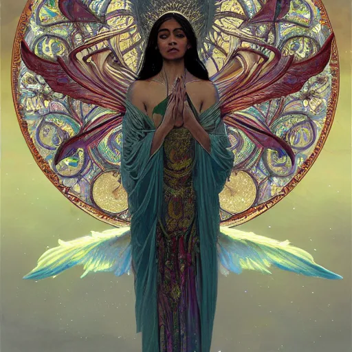 Prompt: Sri lankan girl as a winged angel covered in eyes with glowing halo, iridescent, seraphim, fantasy, intricate, elegant, highly detailed, digital painting, artstation, concept art, smooth, sharp focus, illustration, art by Krenz Cushart and Artem Demura and alphonse mucha