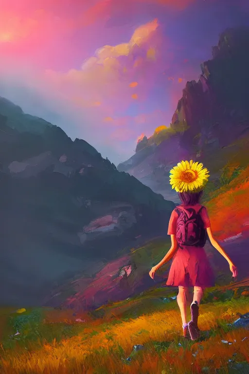 Image similar to giant daisy flower head, girl hiking in the mountains, surreal photography, sunrise, dramatic light, impressionist painting, colorful clouds, digital painting, artstation, simon stalenhag