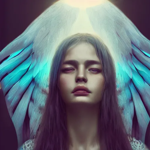 Image similar to portrait art of female angel by alessio albi 8 k ultra realistic, angel wings, lens flare, atmosphere, glow, detailed, intricate, full of colour, cinematic lighting, trending on artstation, 4 k, hyperrealistic, focused, extreme details, unreal engine 5, cinematic, masterpiece