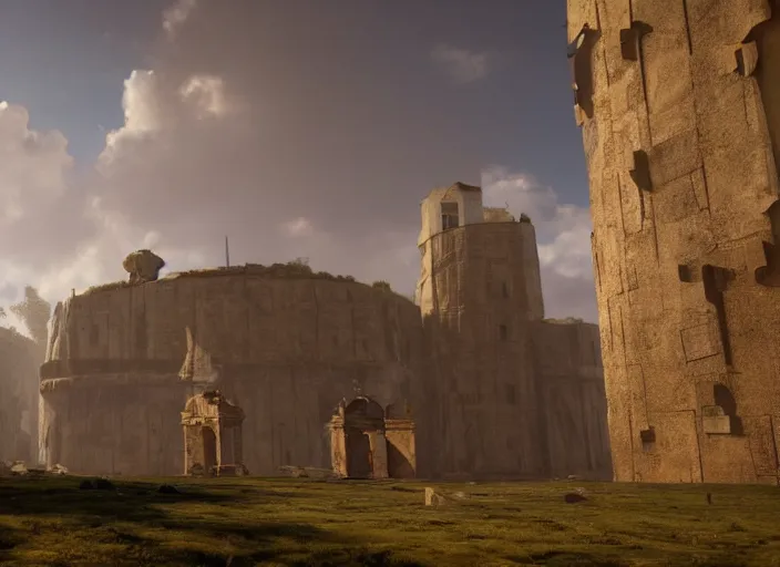 Image similar to a land ruins with a fort in the middle, golden pillars, water tunnels below and a time gate to another dimension, a wounded man wearing a white robe standing watching over, dramatic lighting, dawn, by caspar david friedrich, unreal engine 5