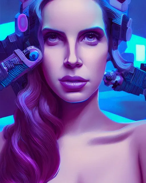 Image similar to portrait of lana del rey as a cyborg. intricate abstract. intricate artwork blue and pink lighting, by tooth wu, wlop, beeple, dan mumford. concept art, octane render, trending on artstation, greg rutkowski very coherent symmetrical artwork. cinematic, key art, hyper realism, high detail, octane render, 8 k, iridescent accents