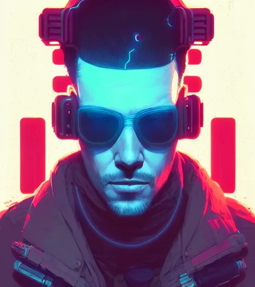 Image similar to cyberpunk synth - wave highly detailed portrait man cyberpunk, by atey ghailan, by greg rutkowski, by greg tocchini, by james gilleard, by joe fenton, by kaethe butcher, dynamic lighting, gradient light blue, brown, blonde cream and white color scheme, grunge aesthetic