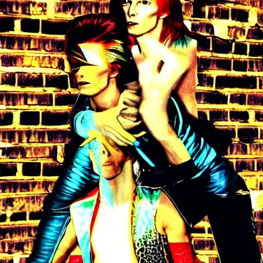 Image similar to david bowie getting a piggy back ride from ziggy stardust, digital art, glam rock