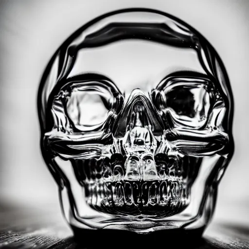 Prompt: high quality photo of crystal transparent skull,highly reflective, photography 4k, f1.8 anamorphic, bokeh, 4k, Canon, Nikon