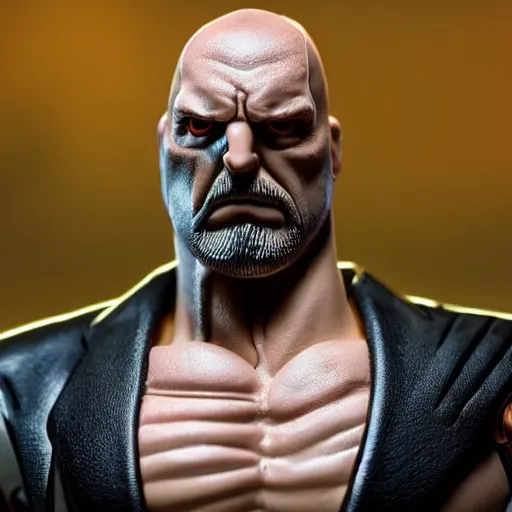 Image similar to Head-to-shoulder shot of a Triple H vinyl figure as a villain, 3d, high quality, depth of field, high contrast, 8k, concept art