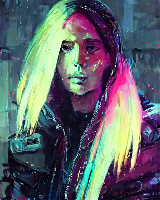 Image similar to detailed portrait neon guard girl with long straight blonde hair seen from the back, cyberpunk futuristic, reflective puffer jacket, black leggings, decorated with traditional ornaments in front of a dystopian crowd with piles of garbage by ismail inceoglu dragan bibin hans thoma, perfect face, fine details, realistic shaded, fine - face, pretty face by rossdraws