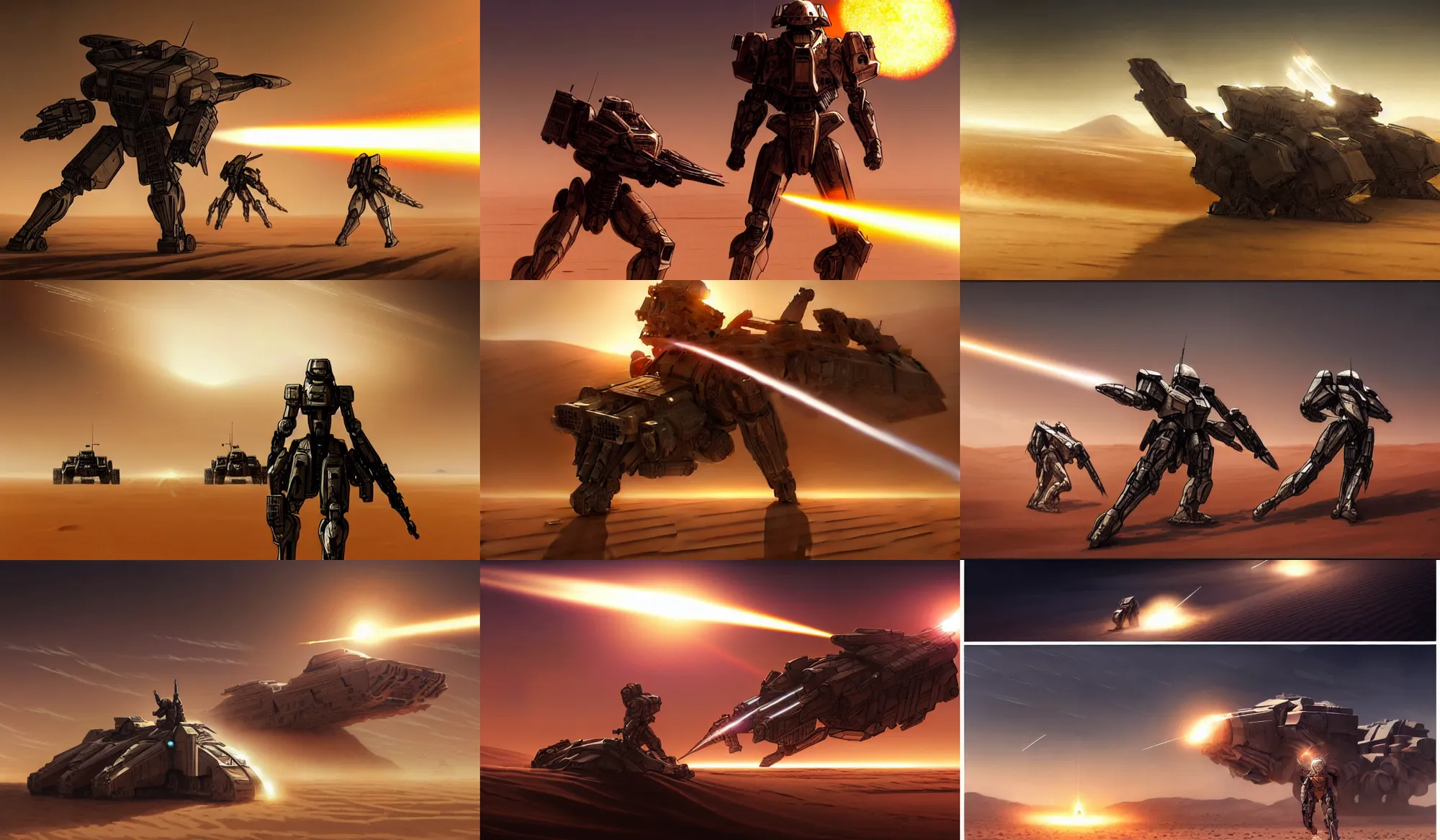 Prompt: armored core v running across the open desert, booster flares, laser beam, explosion, empty desert, sand, karst landscape ; wide shot scifi, dynamic contrast, glowing lights intricate elegant, digital painting, artstation, concept art, smooth, sharp focus, illustration ; art by artgerm and greg rutkowski and alphonse mucha, singularity