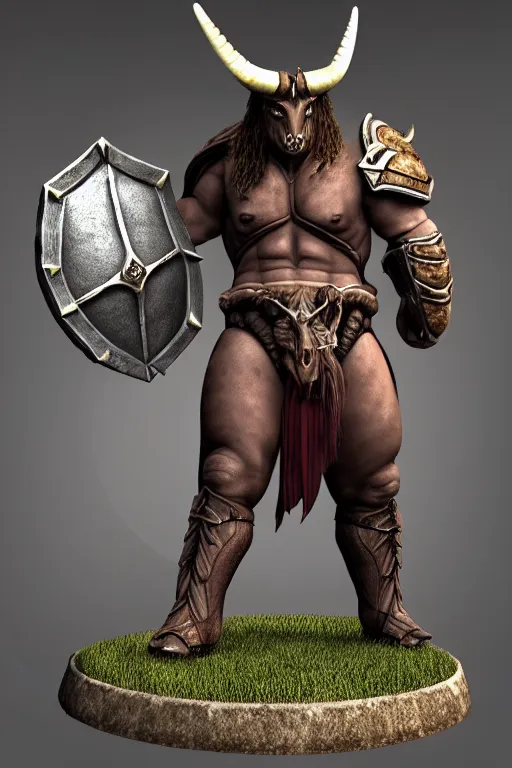 Prompt: Giant horned minotaur warrior wielding a sword and shield, leather armor, full body, muscular, dungeons and dragons, high quality, realistic, Z-Brush