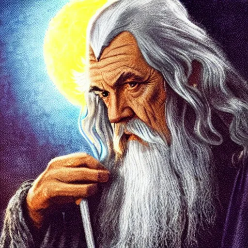 Prompt: Gandalf pondering his orb by Henry Gray, technicolor