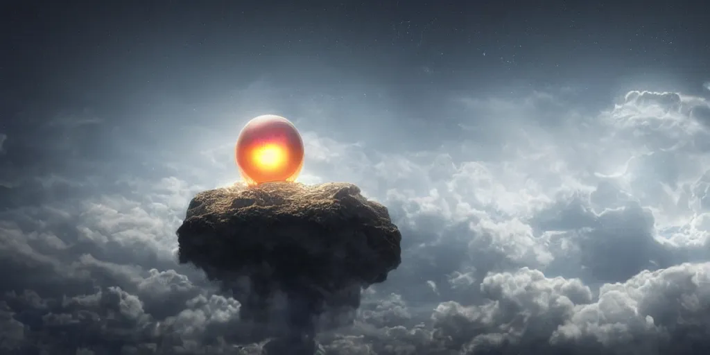 Prompt: glowing atom amongst clouds, volumetric, digital art, art station, extremely detailed