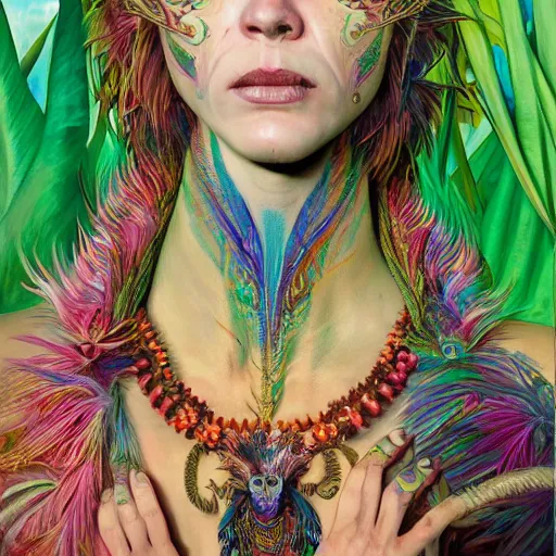 Prompt: A reality bending psychedelic ayahuasca experience, colorful, distorted, surreal, tropical bird feathers, bones and teeth necklaces, dramatic lighting on the face, intricate, elegant, highly detailed, digital painting, concept art, smooth, sharp focus, illustration, art by Krenz Cushart and Wayne Barlowe and alphonse mucha
