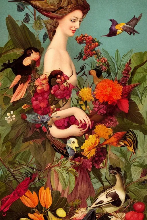 Image similar to beautiful girl Amalgamation with flowers, fruits, birds by Beto Val, John James Audubon, vintage illustration, bizarre compositions, Exquisite detail