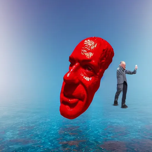 Image similar to a sculpture made out red jelly in the sea of a giant benjamin netanyahu head, long shot, hyper detailed, hyper realistic, ray tracing, 8 k resolution, sharp focus, realistic water, award winning