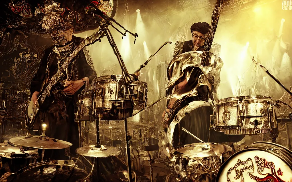 Image similar to khamenei playing drums in heavy metal band in hell hanged bodies in horizon, high definition, trending on artstation, unreal engine, photorealistic, high resolution,, trending on deviantart, hdr, hyper detailed, insane details, intricate, elite, ornate, elegant, luxury, dramatic lighting