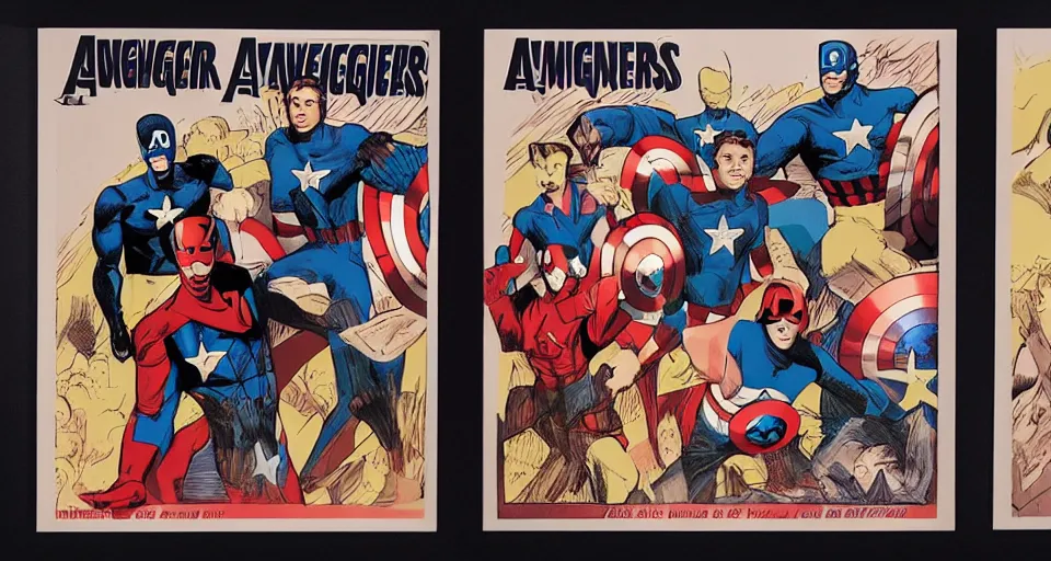 Image similar to A three color offset photography of the Avengers, exhibition, 60s style