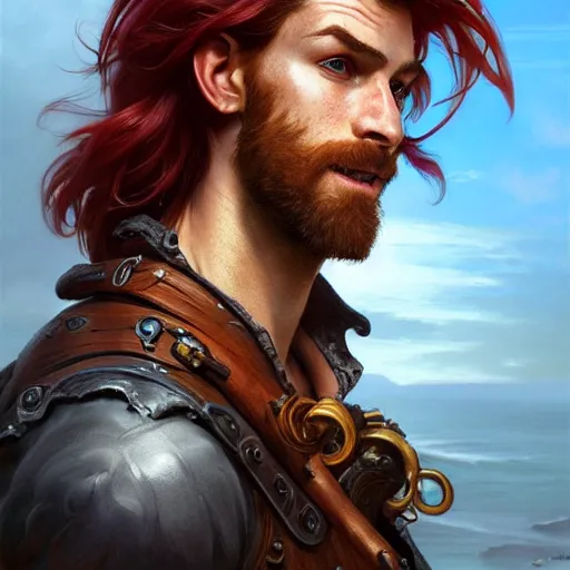 Image similar to portrait of a young ruggedly handsome but joyful pirate, male, masculine, upper body, red hair, long hair, d & d, fantasy, sharp features, intricate, elegant, highly detailed, digital painting, artstation, concept art, matte, sharp focus, illustration, art by artgerm and greg rutkowski and alphonse mucha