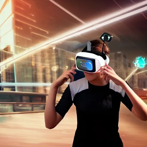 Prompt: a person running through a future city wearing an augmented reality headset with virtual screens showng vital signs and health information 8k unreal