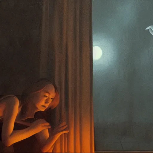 Prompt: Elle Fanning pulling a skeleton from its grave at night in the world of Edward Hopper, stormy weather, extremely detailed masterpiece, oil on canvas, low-key neon lighting, artstation, Blade Runner 2049, Roger Deakin’s cinematography, by J. C. Leyendecker and Peter Paul Rubens,