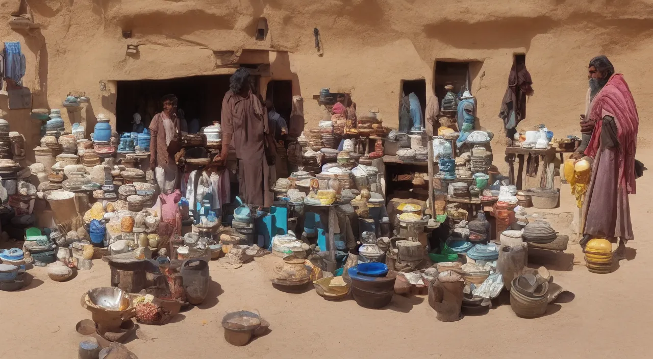 Prompt: A desert shopkeeper selling canteens