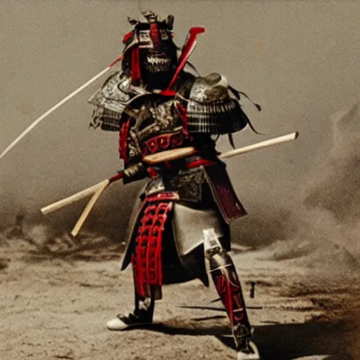 Image similar to a film still of a samurai with armor made of long thin bones, the armor is white and red with gold accents, thin details, meat, bones