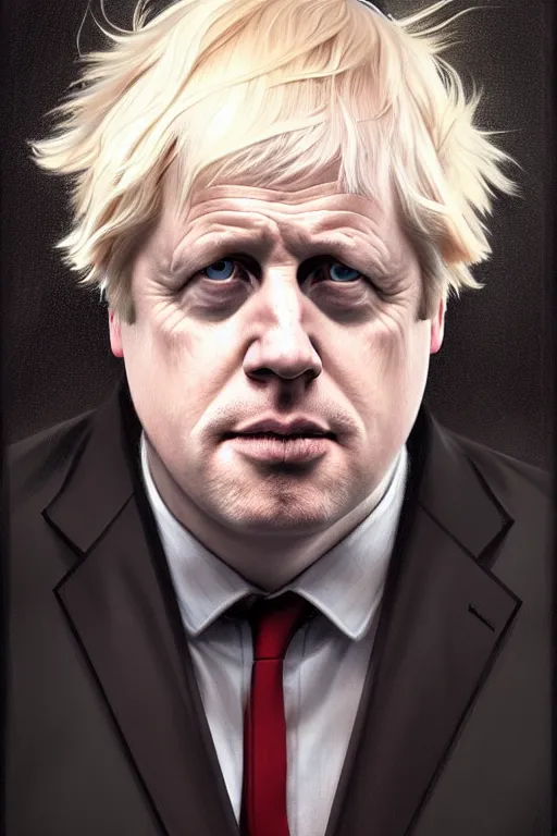 Image similar to Boris Johnson as King Pin, realistic portrait, symmetrical, highly detailed, digital painting, artstation, concept art, smooth, sharp focus, illustration, cinematic lighting, art by artgerm and greg rutkowski and alphonse mucha