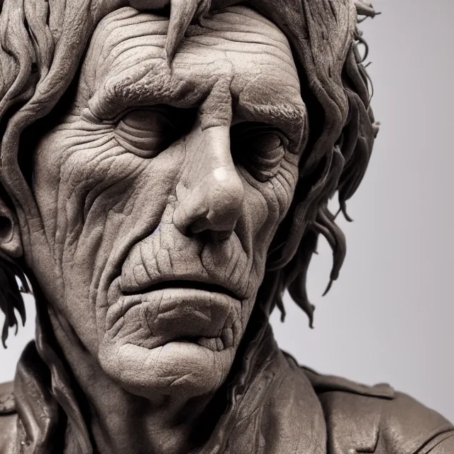 Image similar to photography of a bust of Keith Richards made of clay by Sebastian Kruger and Michelangelo, wrinkles, 50mm, studio atmosphere, 8K, rim light, octane render, ultra-realistic