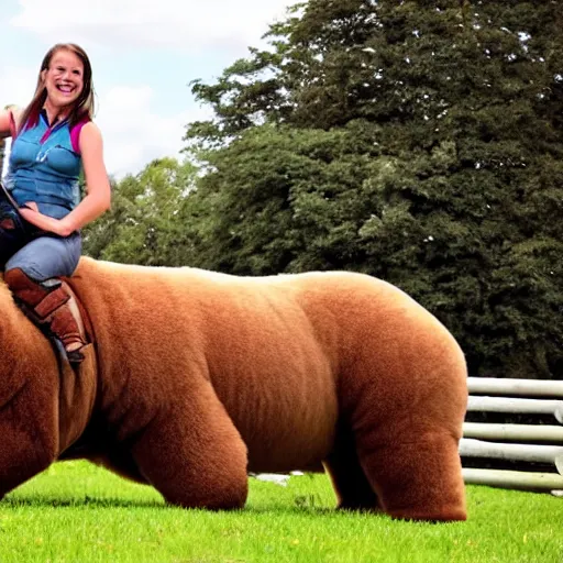 Image similar to equestrian riding a giant bear in the park