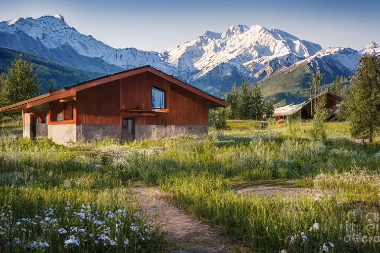 Image similar to architecture photo modern fachwerk house cottage settlement with Elbrus mountain on the background, architecture, photorealism 8k , high details