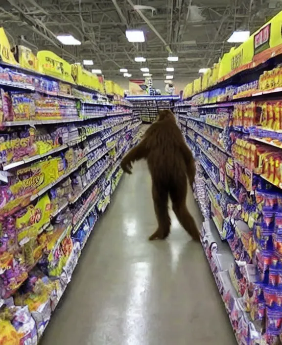 Image similar to cctv capture of bigfoot in a walmart looking for bananas