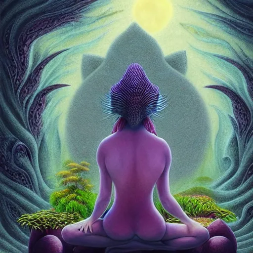 Image similar to an athromorphic wolf character meditating in a zen garden with a waterfall under the blood moon, by Adi granov and afarin sajedi and amanda sage and evgeni gordiets and Agostino Arrivabene and adonna khare in a psychedelic portrait style, ultrarealistic matte painting, volumetric lighting, fractal, extremely symmetrical, highly detailed face, orisha, 8k, hd