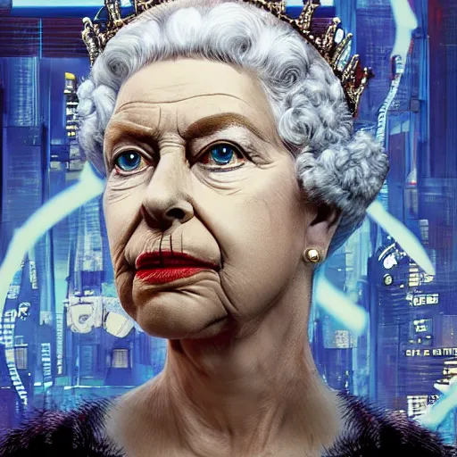 Prompt: a taxidermized epic photo of the queen of england in cyberpunk world, intricate, dystopian, sci - fi, 8 5 mm lens, digital painting, artstation